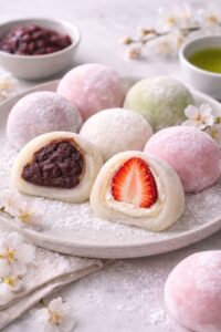 assorted mochi flavours strawberry red bean daifuku Japanese dessert