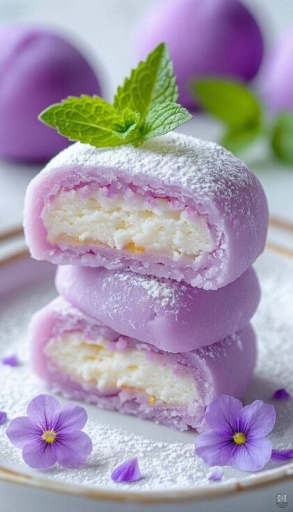 purple mochi with cream filling soft chewy Japanese rice cake dessert