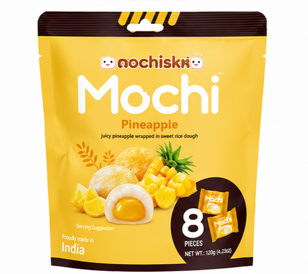 Mochisko – Juicy Pineapple Wrapped In Sweet Rice Dough 8 Pieces, 120g (Made in India)